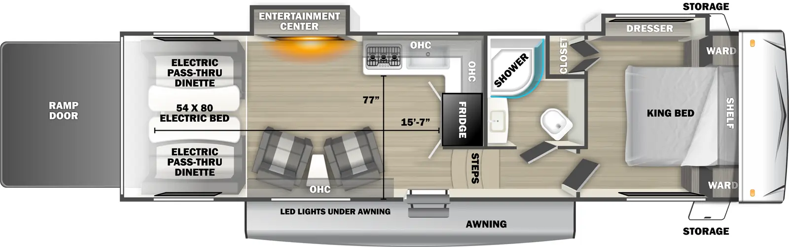 The 2800SRT fifth wheel has 2 slide outs on the off-door side, 1 entry door and 1 rear ramp door. Exterior features include an awning with LED lights and front opposing side storage access. Interior layout from front to back includes front bedroom with foot-facing King bed, shelf over the bed, front corner wardrobes, front facing closet and off-door side slideout holding a dresser; off-door side bathroom with radius shower, toilet and single sink vanity; 3 steps down into the kitchen area with off-door side L-shaped countertop, stovetop, L-Shaped overhead cabinets, sink and rear facing refrigerator; 2 door side recliners with end table; ceiling fan; off-door side slideout holding and entertainment center; and rear 54 x 80 electric bed over electric pass-through dinette. Cargo length from rear of unit to refrigerator is 15 ft. 7 in. Cargo width from countertop to door side wall is 77 inches.